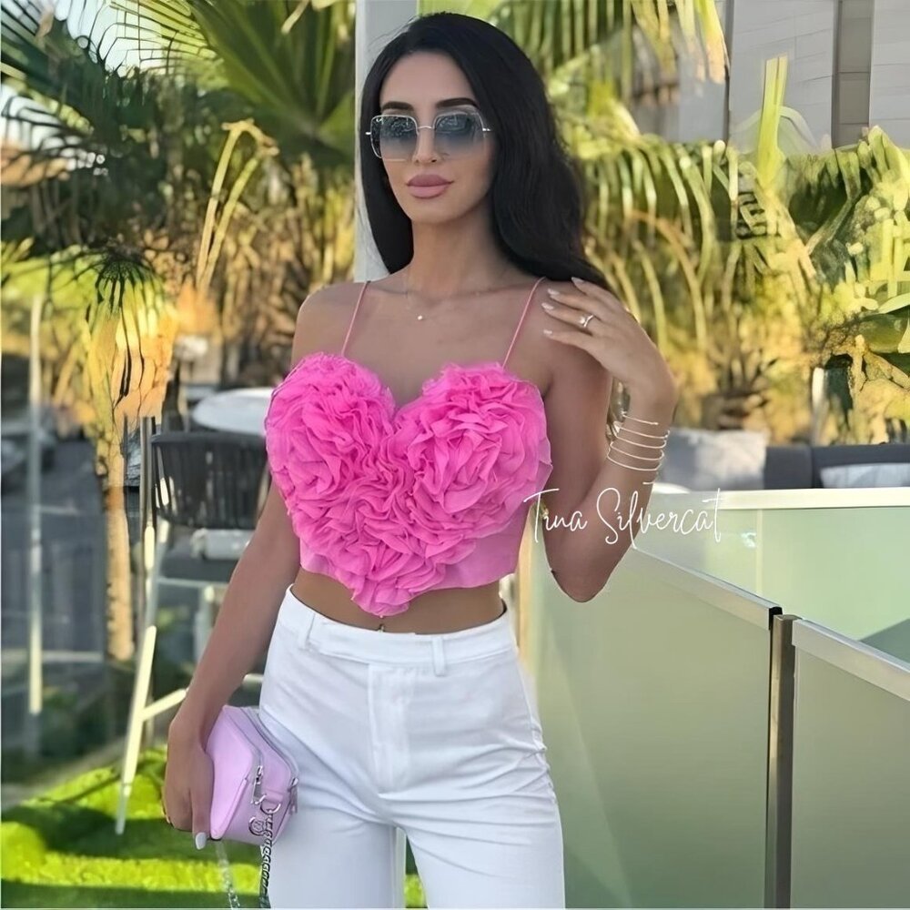 Zara Voluminous Heart Crop Top Pink NWT